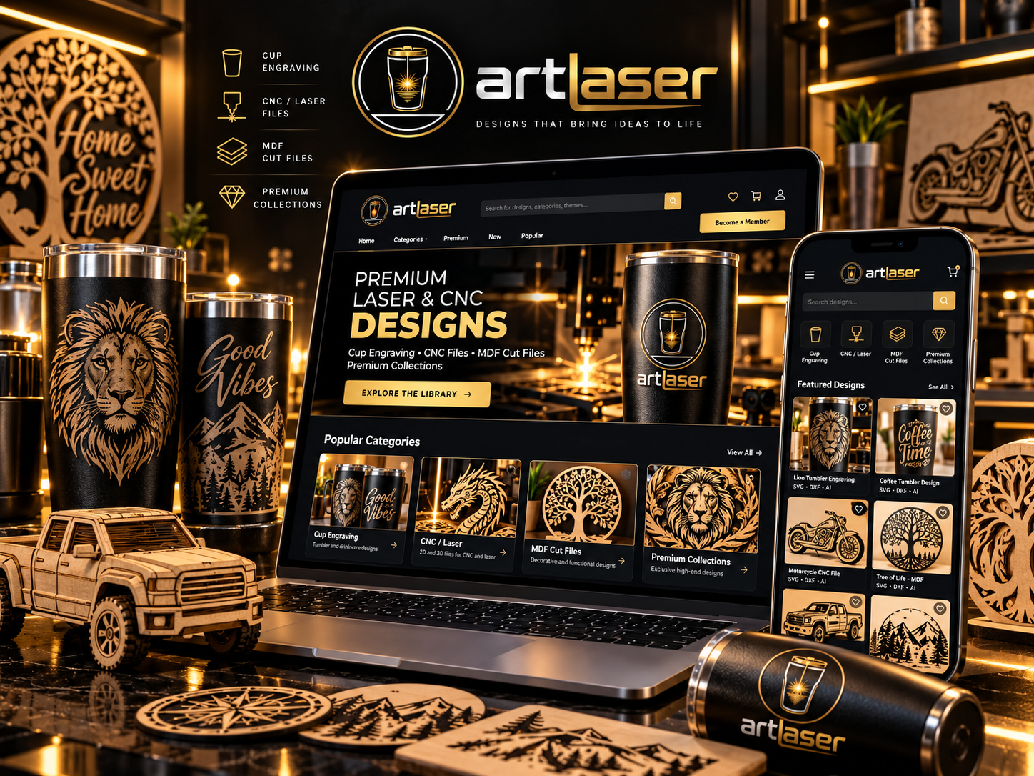 Mockup do ArtLaser em notebook e celular